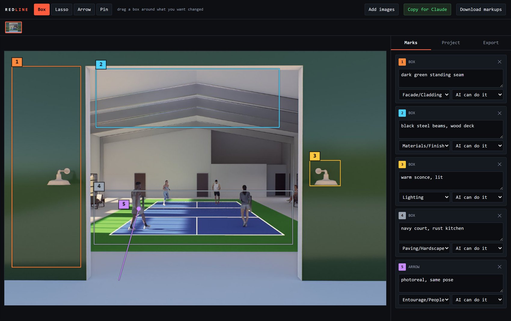 The REDLINE annotator with a pavilion render loaded. Five coloured, numbered regions are drawn over the cladding, roof structure, a wall sconce, the court surface and a player, each with a short note and a category in the side panel.