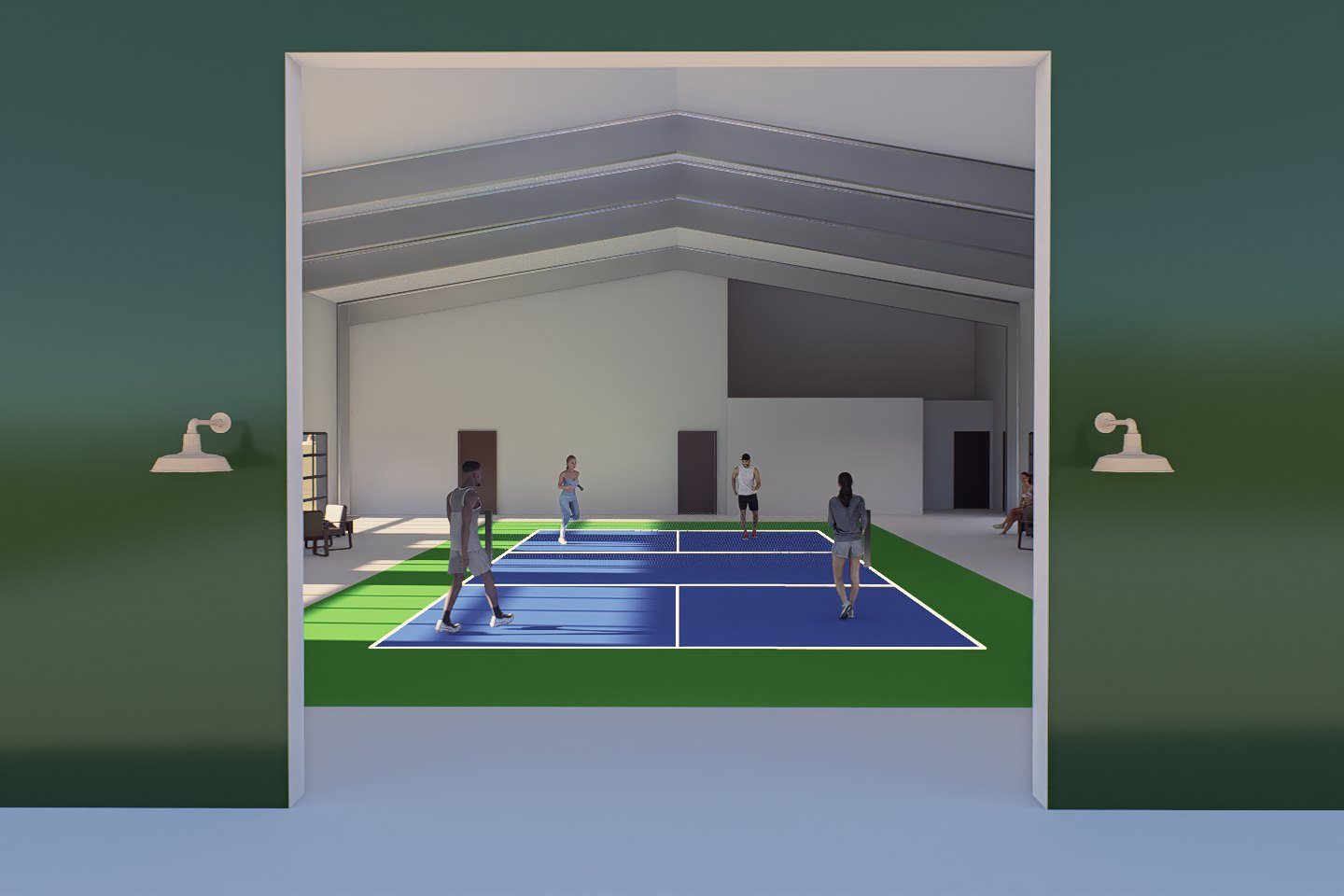 Untextured grey-model render of a pickleball pavilion entry: flat white walls, bright blue and green court, unlit wall sconces.