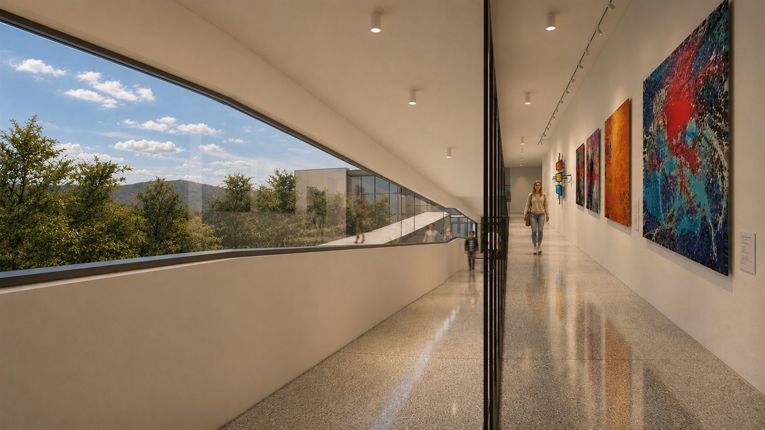 The same hallway redlined: polished terrazzo with reflections, smooth plaster walls, real foliage and a hillside through the ribbon window.