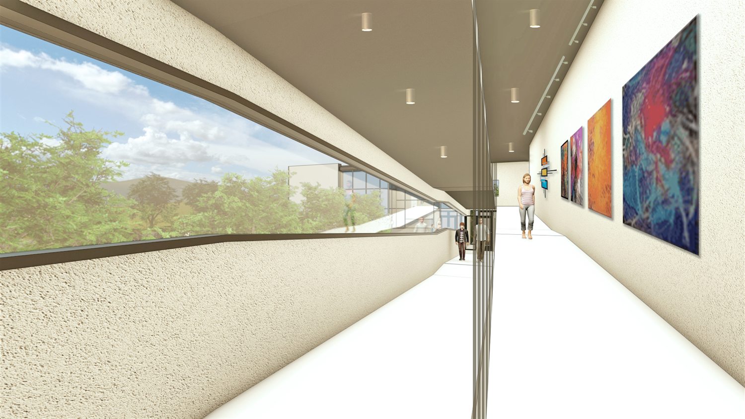 Grey-model gallery hallway: stucco-textured white walls, flat white floor, cartoon trees through the ribbon window.