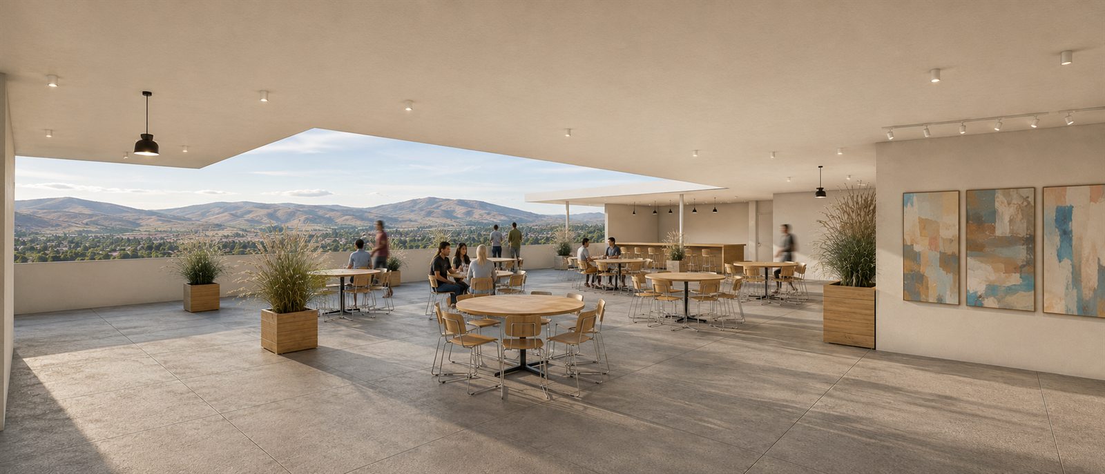 The same rooftop terrace redlined: large-format concrete pavers, oak tables and chairs, planted grasses, track-lit artwork and the real Ashland hills beyond.