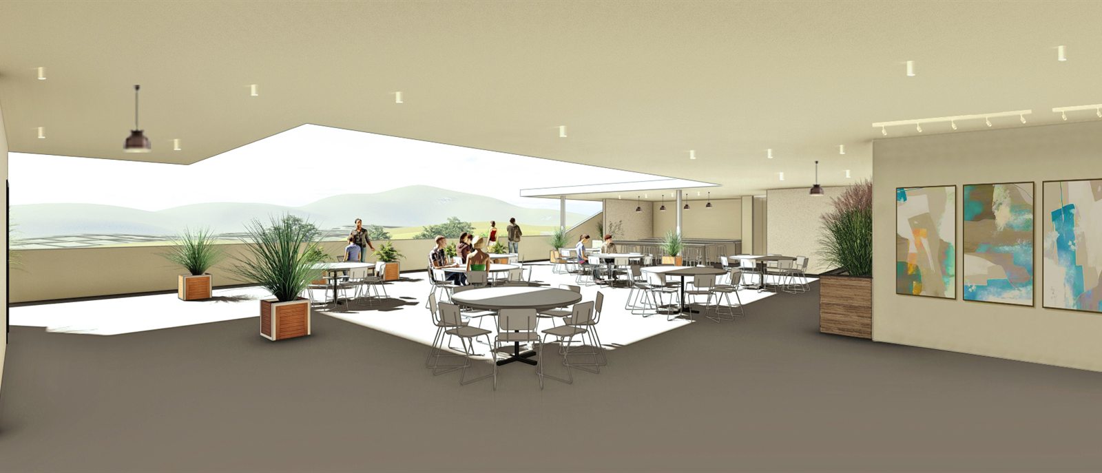 Grey-model rooftop terrace: flat beige soffit and floor, untextured white tables and stools, blown-out sky and washed-out hills beyond the parapet.